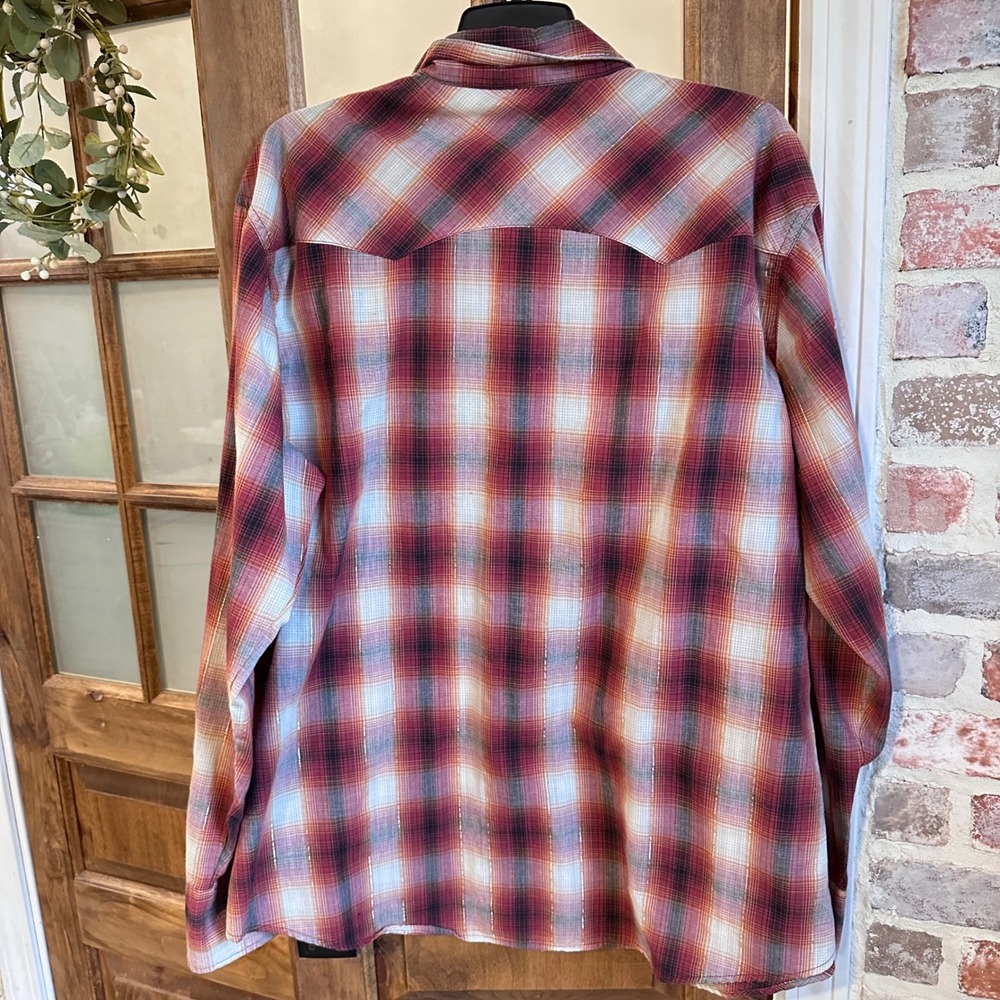 Wrangler Western Pearl Snap Shirt Women XXL Red Plaid Lurex Shimmer L/S READ - Picture 3 of 8